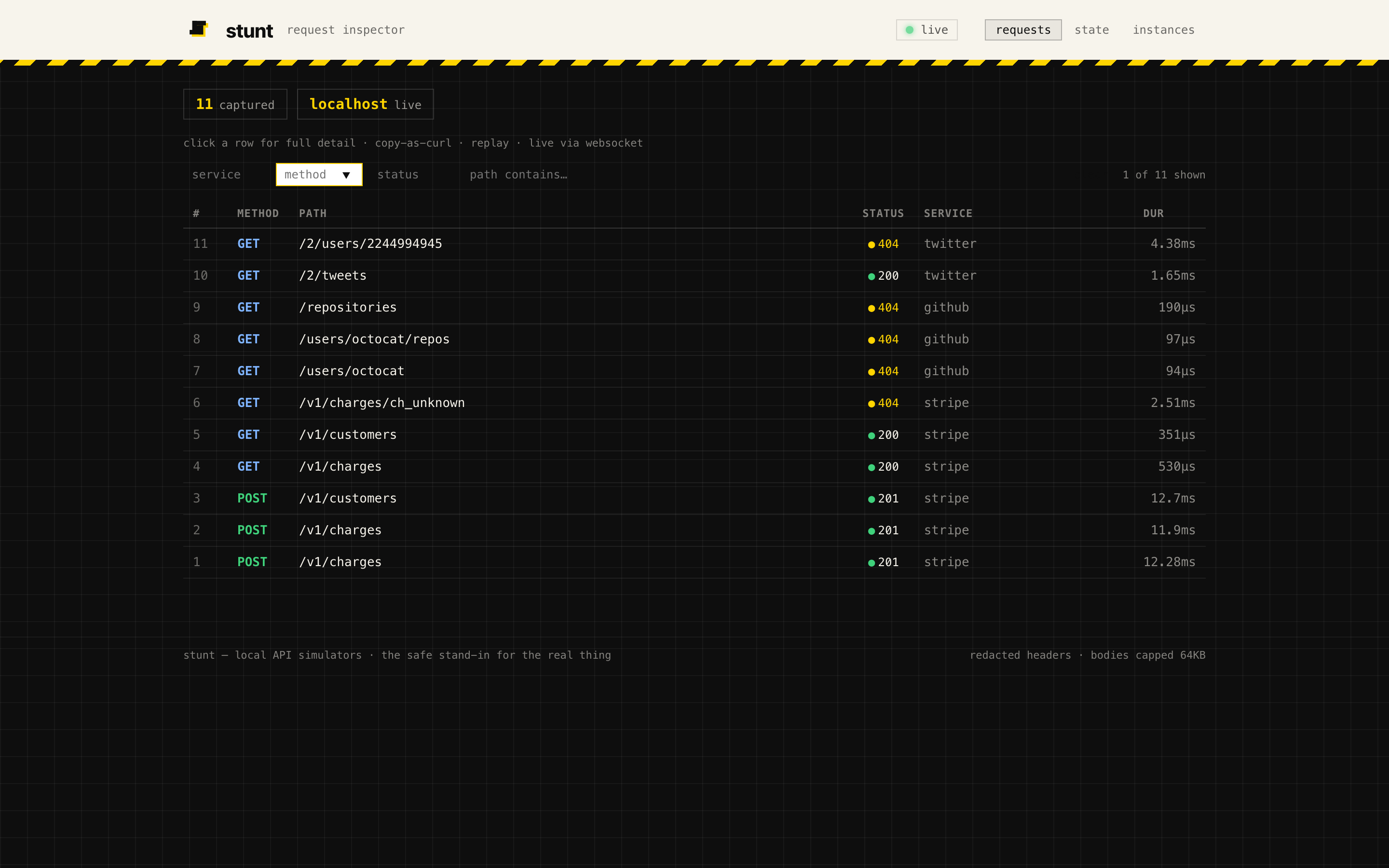 stunt dashboard: live request inspector